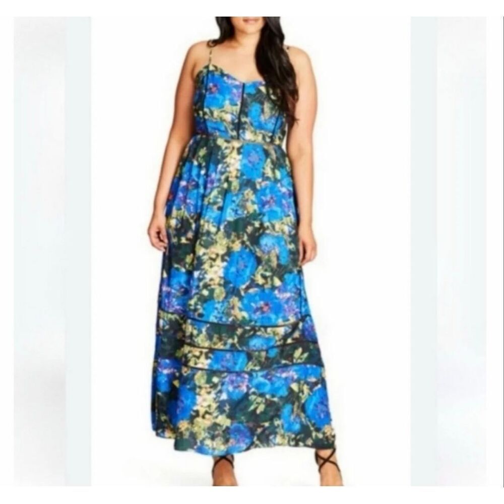 City Chic Stainglass Maxi Dress Floral Spaghetti Strap Plus Size XL/22 NWT
